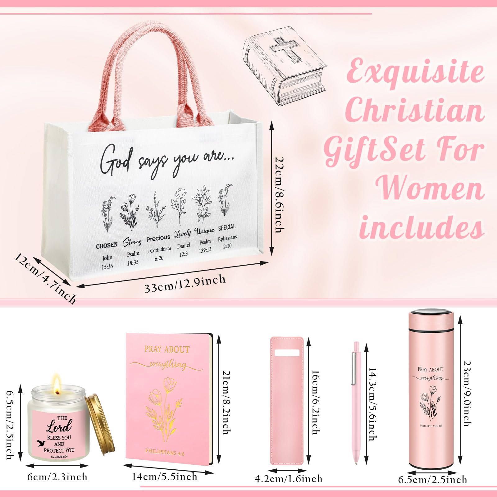Easter Christian Gifts for Women 6pcs Religious Gift with Canvas Tote Bag Makeup Bag Candle Cross Necklace Thermos Cup Greeting Card Faith Inspirational Catholic Gift for Women Friends Mother Sister Wife, Sunday Prayer Gift for Easter Communion Holiday
