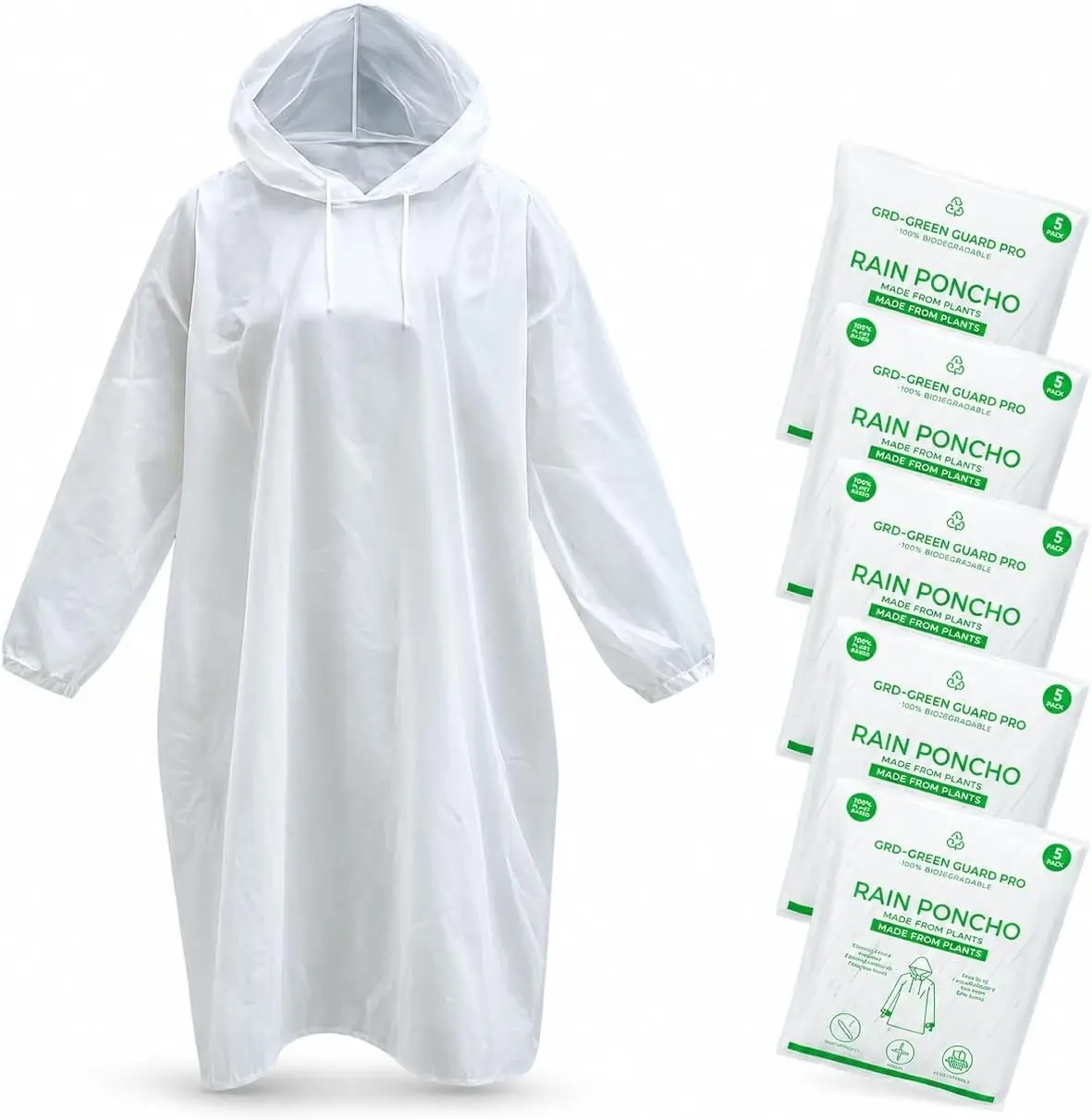 Eco-Friendly Rain Ponchos - Bio-degradable Disposable Clear Poncho with Drawstrings and Adjustable Hood, Family Pack of 5