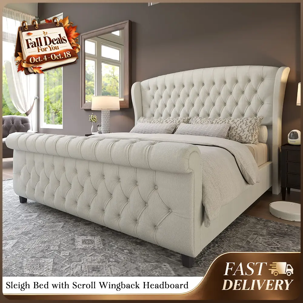AMERLIFE Platform Bed Frame,Velvet Upholstered Sleigh Bed with Scroll Wingback Headboard&Footboard/No Box Spring Required/Christmas Gift/Christmas Gifts/Best Gift Ideas/Cozy Home
