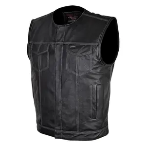 Vance Mens Black Premium Cowhide Leather Biker Motorcycle Vest With Quick Access Inside Pockets and Gray Stitching