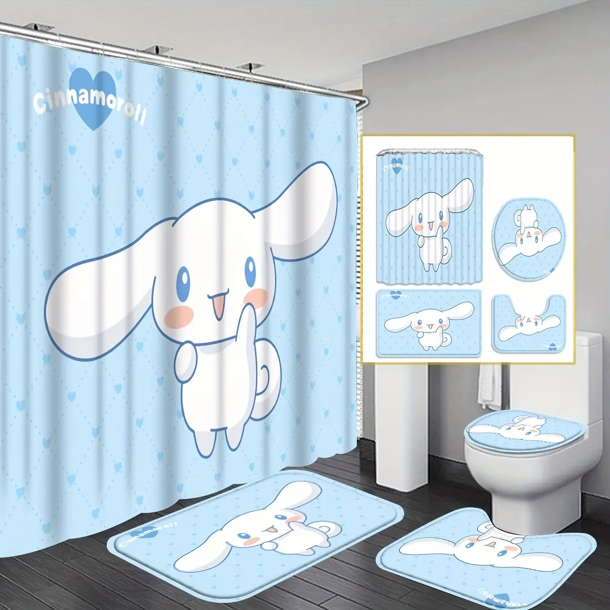 HOT Sanrio Cinnamoroll Shower Curtain Set with Hooks  Waterproof Polyester Bathroom Partition Curtain  Non-Slip Bath Rug  Toilet U-Shape Mat  Toilet Lid Cover  Cartoon Patterned Bathroom Accessories Set