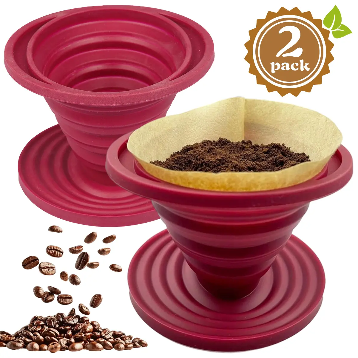 2 Pack Collapsible Pour Over Coffee Dripper, Reusable Silicone Coffee Filter Holder, Portable Silicone Filter Cup Manual Coffee Brew Maker-Makes One to Two Cups of Strong Brew-Great for Hiking, Camping, Home, Office, Lightweight Reusable Filter