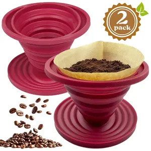 2 Pack Collapsible Pour Over Coffee Dripper, Reusable Silicone Coffee Filter Holder, Portable Silicone Filter Cup Manual Coffee Brew Maker-Makes One to Two Cups of Strong Brew-Great for Hiking, Camping, Home, Office, Lightweight Reusable Filter