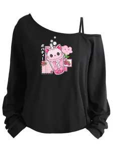 Women's Plus Size Printed Long Sleeve Asymmetrical Neck Tank Top, Loose-Fitting Cartoon Design, All Seasons Fashion, Sizes 1-8xl