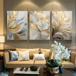 3 Pieces Gold White Leaf Art Prints, Luxury Wall Mural, High-end Home Art, Contemporary Gallery Decor, Gold Tone Painting, Wall Decor for Living Room, Bedroom and Hallway, Framed or Unframed.