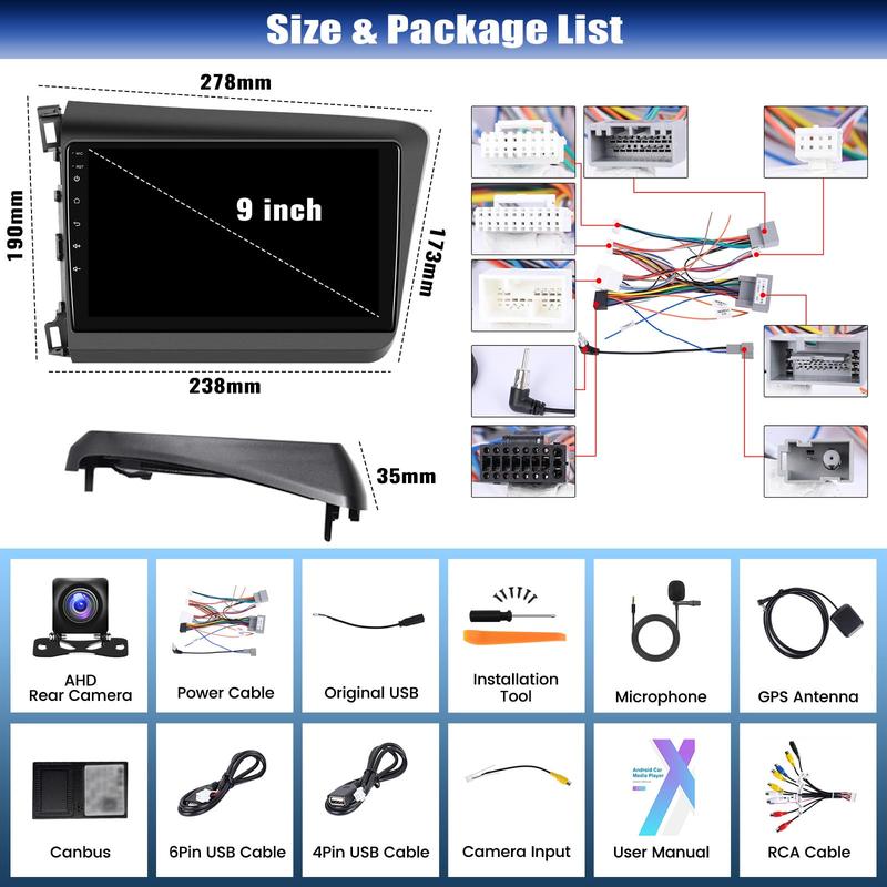 5G WiFi Car Stereo for Honda Civic 2012 2013 2014 2015 [2+64G] with Wireless Carplay & Android Auto, 9 Inch Touch Screen Car Radio Bluetooth GPS Navigation DSP FM SWC for Honda Civic Radio