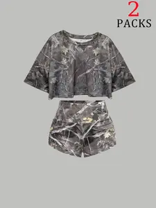 【FREE PERSOMALITY】Women's 2-Piece Fitness Shorts Set, Elastic Waistband, Stretchy Gym Wear, Casual & Sporty Design, Perfect for Daily Use, Sportswear All Seasons