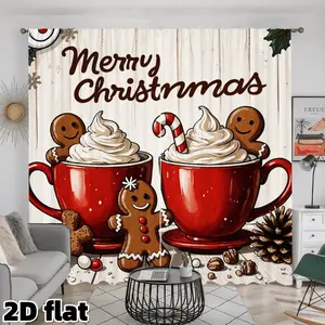 2D Flat 2Pcs Christmas Hot Cocoa Gingerbread Pattern Curtain, Red Coffee Cup Holiday Print, Semi Sunshade Rod Pocket Design, Perfect for Living Room Bedroom Kitchen Dining Room Window Treatment, Festive Home Decor, Christmas Gift