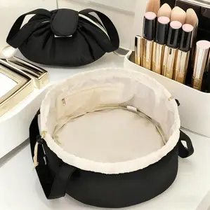 Lay Flat Open Drawstring Makeup Bag, Large Quilted Cosmetic Bag for Women Girls, Cute Make up Bags with Handle, Portable Travel Toiletry Bag for Skincare, Brushes & Travel Essentials (Black)