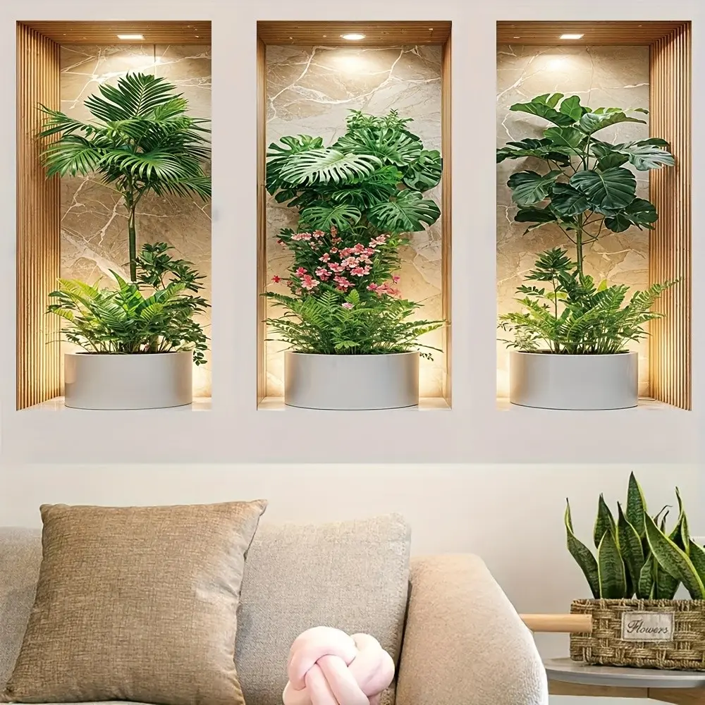 3pcs Tropical Plant Wall Stickers, Realistic Monstera & Greenery, Self-Adhesive Removable Decor, Decorative Decal, Modern Art for Living Room, Bedroom, Office, Bathroom, Floral Stickers
