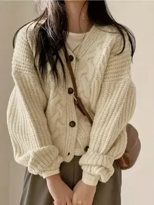 Valentine's Day Button Front Cardigan, Vintage Long Sleeve Chunky Knit Cardigan For Fall & Winter, Women's Clothing