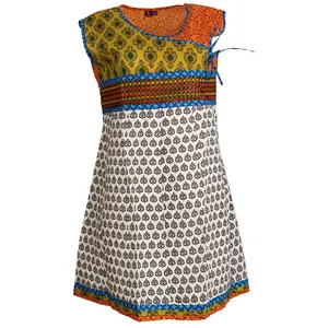 Tunic for Women Cotton White with Flower V-Neck Emboridery Patch Sleeveless Kurti, Kurta Tunic Top.