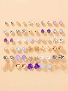 30 Pairs Fashion Elegant Rhinestone & Faux Pearl Decorated Stud Earrings, Heart & Flower & Star Shaped Stud Earrings, Casual Jewelry for Women Girls