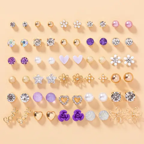 30 Pairs Stud Earring Pack Fashion Elegant Rhinestone & Faux Pearl Decorated Stud Earrings, Heart & Flower & Star Shaped Stud Earrings, Casual Jewelry for Women Girls, Earring Set