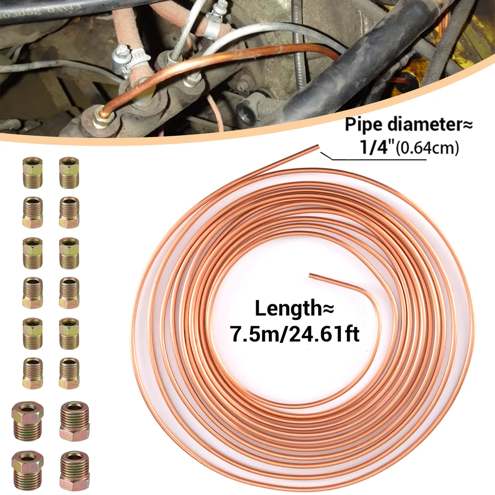 Copper Nickel Brake Line Tubing Kit 25ft 1/4" OD Coil Roll with 16 Fittings – Complete & Ready to Install