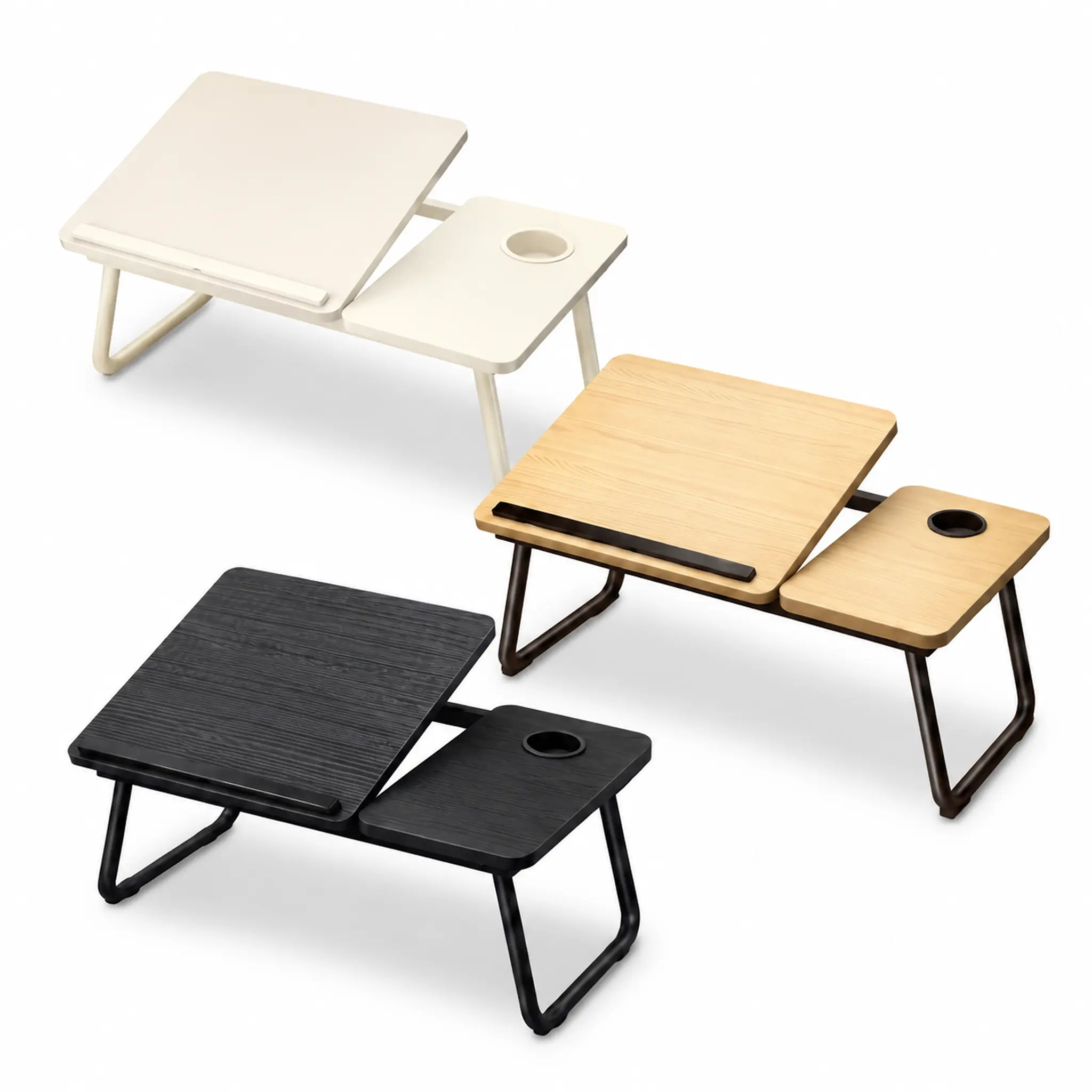 Black Wood Foldable Adjustable Laptop Desk with Built-in Cup Holder, Tiltable Compact Writing Table for Dorms, Study & Work, Bed Desk, Fully Foldable