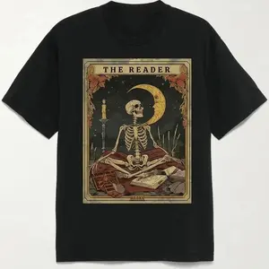 The Reader Tarot Card Skeleton Book Lover Graphic T-Shirt, Black Casual Tee, Vintage Celestial Print Top, Perfect For Everyday Wear & Daily Leisure Looks