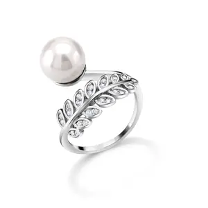 925 Sterling Silver Pearl And Cz Fern Leaf Rings For Women, Pearl Adjustable Rings, Pearl Rings, Pearl Cz Rings , Fern Design Pearl Rings, Leaf Ring, Cz Leaf Ring
