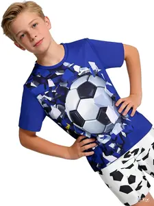 Boys' 3D Football Print Track Shorts, Blue Colorblock, Casual Summer, All over Print, Suitable for Parties and School