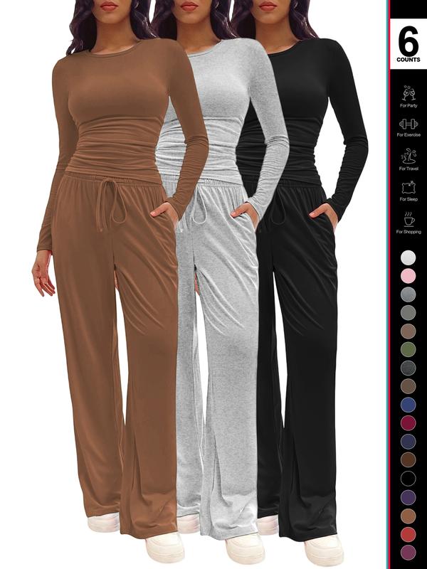 Women's Solid Ruched Drawstring Loungewear Set, Casual Long Sleeve Round Neck Top & Pocket Wide Leg Trousers, Ladies Sleepwear for All Seasons Women's Solid Ruched Drawstring Loungewear Set, Casual Long Sleeve Round Neck Top & Pocket Wide Leg Trousers, Ladies Sleepwear for All Seasons