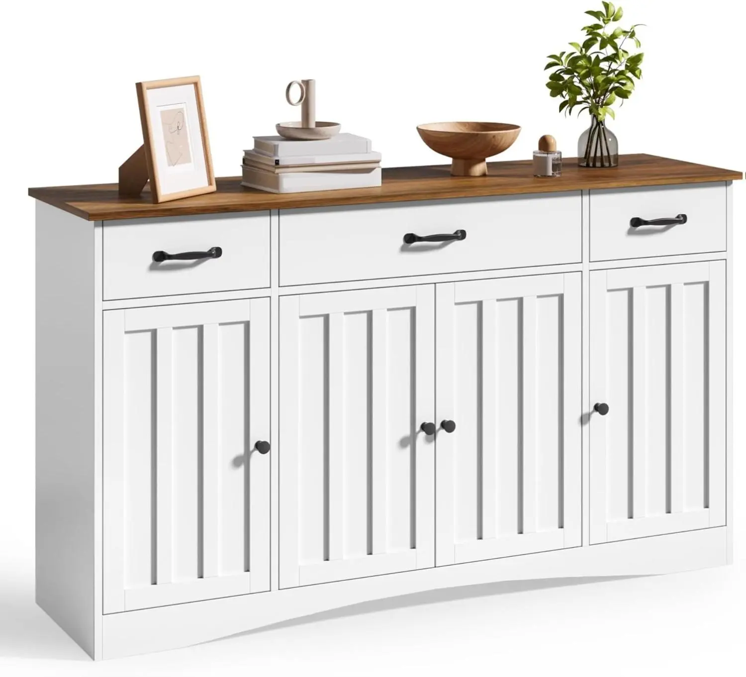 Gizoon Sideboard Buffet Cabinet with Storage, Kitchen Coffee Bar Table | 4 Doors & 3 Drawers, Adjustable Shelves, Modern Wood Console for Dining & Living Room, 55.1"W, White/Rustic Brown