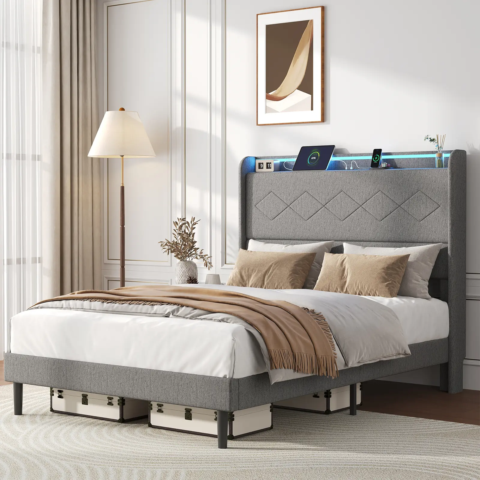 Upholstered Bed Frame with Height-Adjustable Headboard, 3 USB Charging Ports, LED Light Strip & Bluetooth Controller Upholstered Bed Frame with Height-Adjustable Headboard, 3 USB Charging Ports, LED Light Strip & Bluetooth Controller