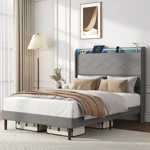Upholstered Bed Frame with Height-Adjustable Headboard, 3 USB Charging Ports, LED Light Strip & Bluetooth Controller