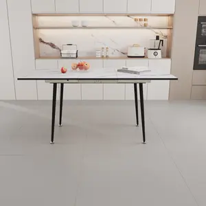 47" expandable to 63" MDF square white marble patterned dining table, scratch resistant and oil resistant dining table for yards and backyards, modern industrial kitchen and dining table, equipped with tapered black metal legs