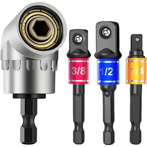 Impact Grade Power Hand Tools Driver Sockets Adapter Extension Set, 3Pcs 1/4 3/8 1/2" Hex Shank Drill Nut Driver Bit Set + 105 Degree Right Angle Driver Extension Screwdriver Drill Attachment