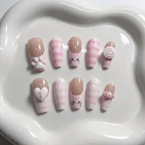 J42 Nailed by Vibe -Cute Pink Stripe Press-On Nails Set, Pastel Pink Striped Tips, 3D Heart & Bow Details, Custom Press-On Nail Art for Daily Wear, Dates, Gifts for Her, Trendy Handmade Nail Design