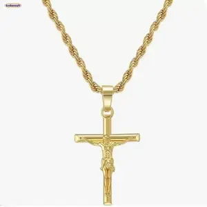 18K Gold-Plated Cross Pendant Rope Chain Necklace, 22 in, Unisex Design with Cross Shape Faith Symbol, Religious Gift for Easter Daily Wear (Indoor Recreation Jewelry)