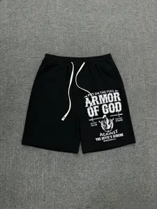 Men's "Armor of God" Christian Shorts - Ephesians 6:11 Knight Print Black Cotton Blend Shorts, Drawstring Waist Loose Fit, Breathable Summer Streetwear for Church Events