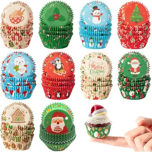 100 PCS Christmas Cupcake Liners, Santa Snowman Christmas Cupcake Wrappers Baking Cups Paper Wraps Muffin Liners for Xmas Birthday Party Candy Cake Decorations Supplies