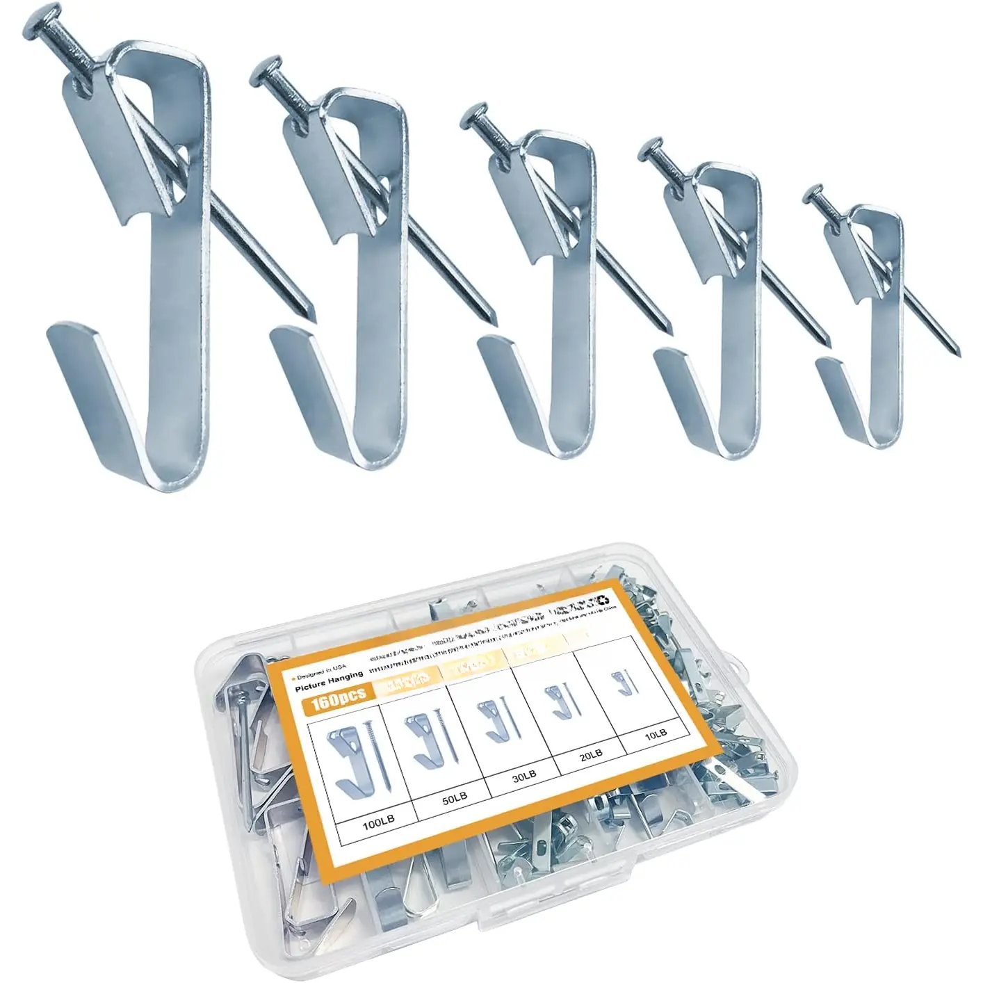 Picture Hangers, 160 count Picture Hooks with Nails , 10-100lbs Picture Frame Hangers, Professional Picture Hanging kit on Wooden Wall / Drywall for Pictures, Canvas, Mirror, Holds 10-100 lbs()