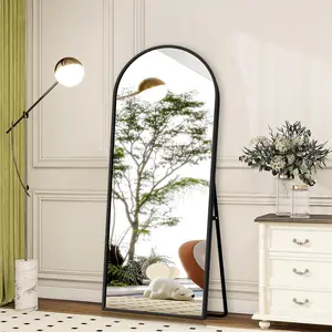 Full Length Mirror with Stand - 57" x 18" Arched Aluminum Alloy Frame Full Body Mirror, Standing or Leaning Wall Mirror for Bedroom Living Room Entryway, Black