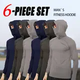 OKP 6-Piece Men's Casual Hoodie Pullovers, Blue Black Light Gray, Slim Fit Long Sleeve Lightweight Soft Breathable Hoodies for Men with Built-in Face Cover, Fishing Shirts for Men, Fishing Hoodie for Cold Weather & Winter Fishing
