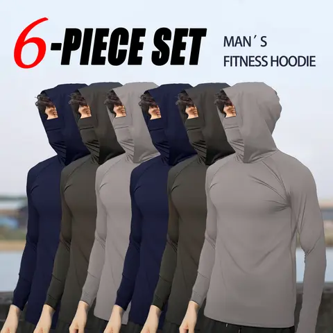 OKP 6-Piece Men's Casual Hoodie Pullovers, Blue Black Light Gray, Slim Fit Long Sleeve Lightweight Soft Breathable Hoodies for Men with Built-in Face Cover, Fishing Shirts for Men, Fishing Hoodie for Cold Weather & Winter Fishing