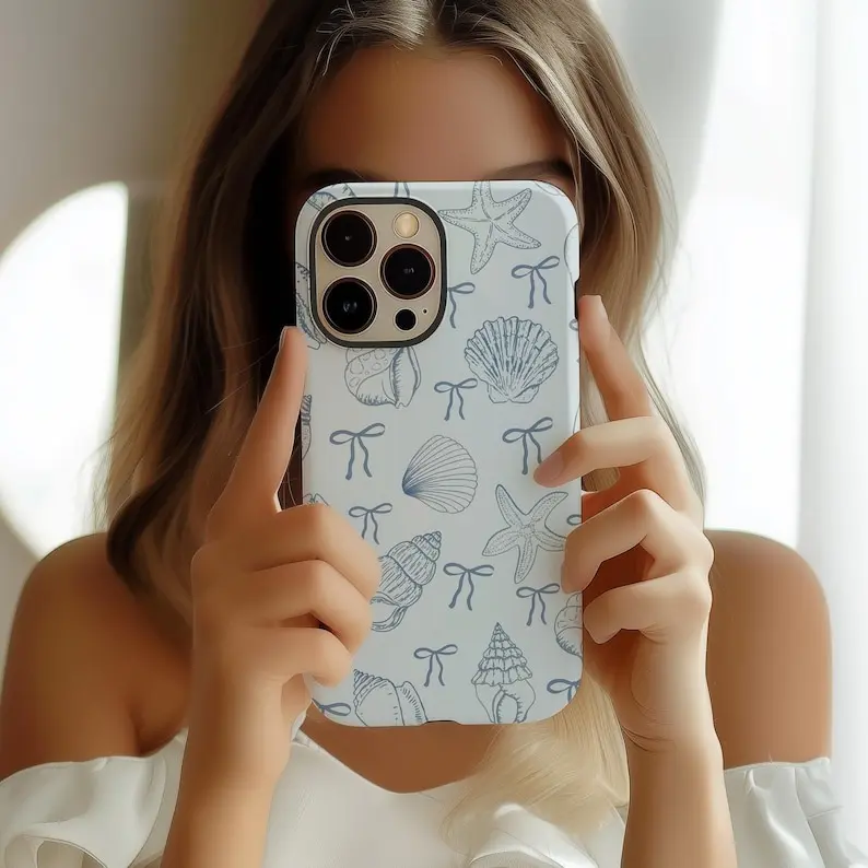 Coquette Bow Seashell Phone Case for iPhone 11-16 Pro Max Soft Blue Coastal Design with Bow & Seashell Patterns Tough Protection Polycarbonate & TPU Materials