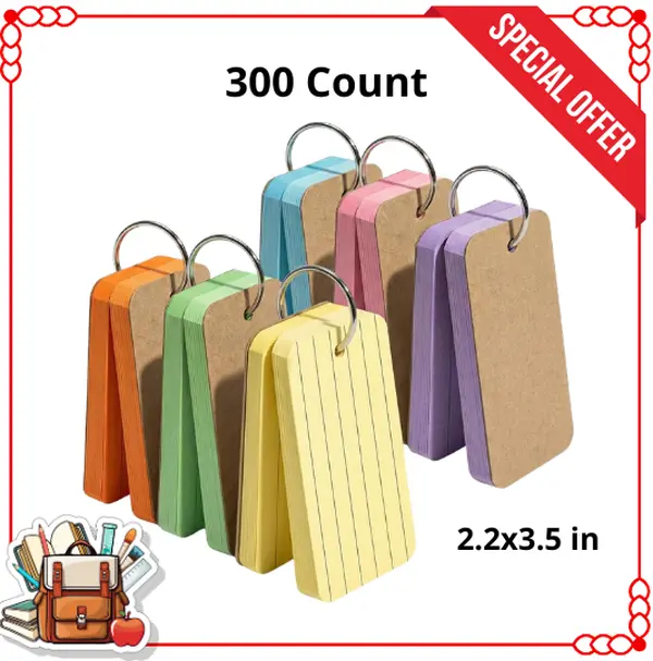 300 Pack Colored Flash Cards, 2.2 x 3.5 Inch Double-Sided Lined Index Cards, Study Notes for School, College & Learning