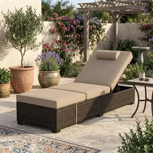Set of 2 PE Wicker Chaise Lounges, Adjustable Brown Rattan Recliners with Cushions and Removable Tabletop, Outdoor Furniture for Patio Poolside and Sunbathing