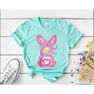Brushstroke Bunny Easter Shirt, Bunny Coquette Bow T Shirt, Pink bunny easter Shirt, retro easter Shirt, Girls easter Shirt