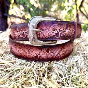 Sunflower Genuine Leather Belt Cinto de Girasoles Unisex Sunflower Brown Leather Belt for Women or Men 1.25" Wide Handcrafted Tooled Leather with Removable Buckle