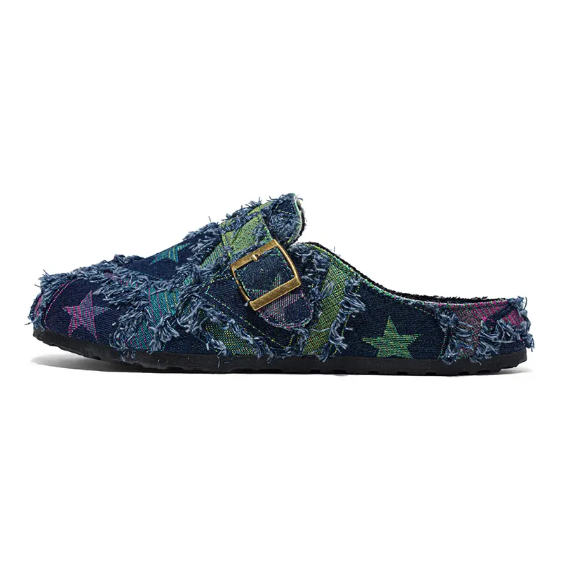 Meckmanly Starry Night Denim Clog with Gold Buckle and Frayed Edges for Men