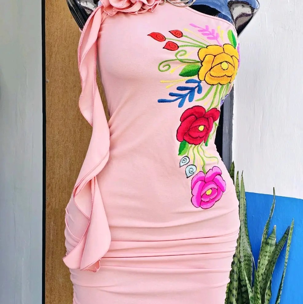 green emerald velvet dress Isela Floral Embroidered Mexican Dress- Vestido Mexicano Bordado Floral main image 0
