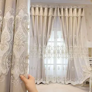European Double-Layer Girls' Curtains, Privacy Grommet Curtains, Bedroom, Embossed Embroidery, Customized Curtains For Living Room, Home Decoration Curtain, Double Layer Embroidery Curtain With Lace Grommet Top Semi-Blackout Cloth Window Drapes