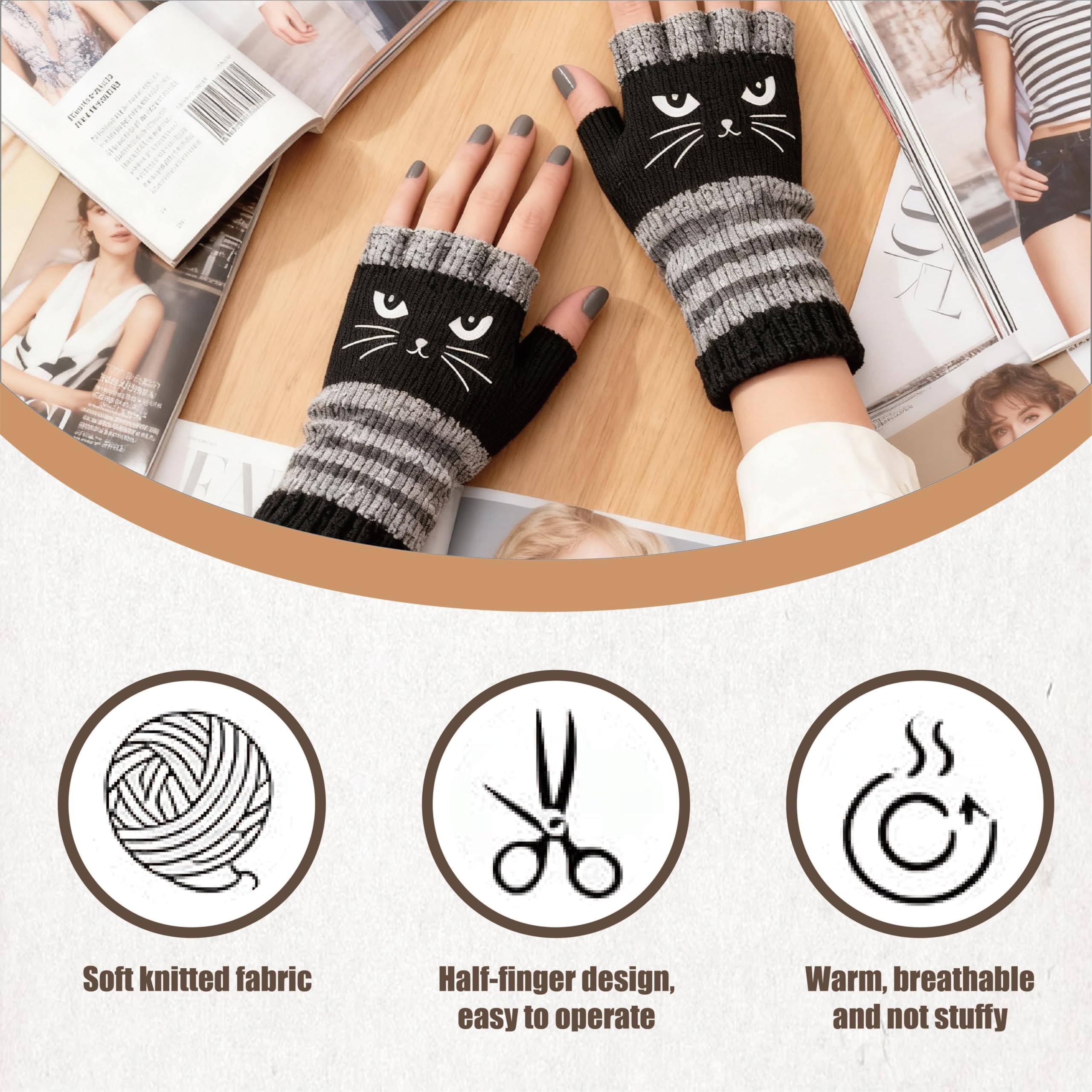 【Buy One Get One Free】Women's knitted fingerless gloves with cute cat embroidery pattern - comfortable and fashionable gloves suitable for casual spring wear