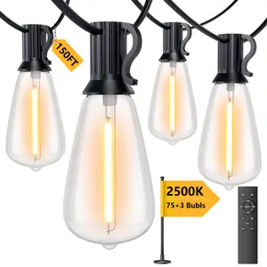 150FT Outdoor String Lights with Remote Control, 72+2 LED Waterproof, Shatterproof, 2500K Warm White Bulbs for Yard, Outside Porch Deck, Backyard