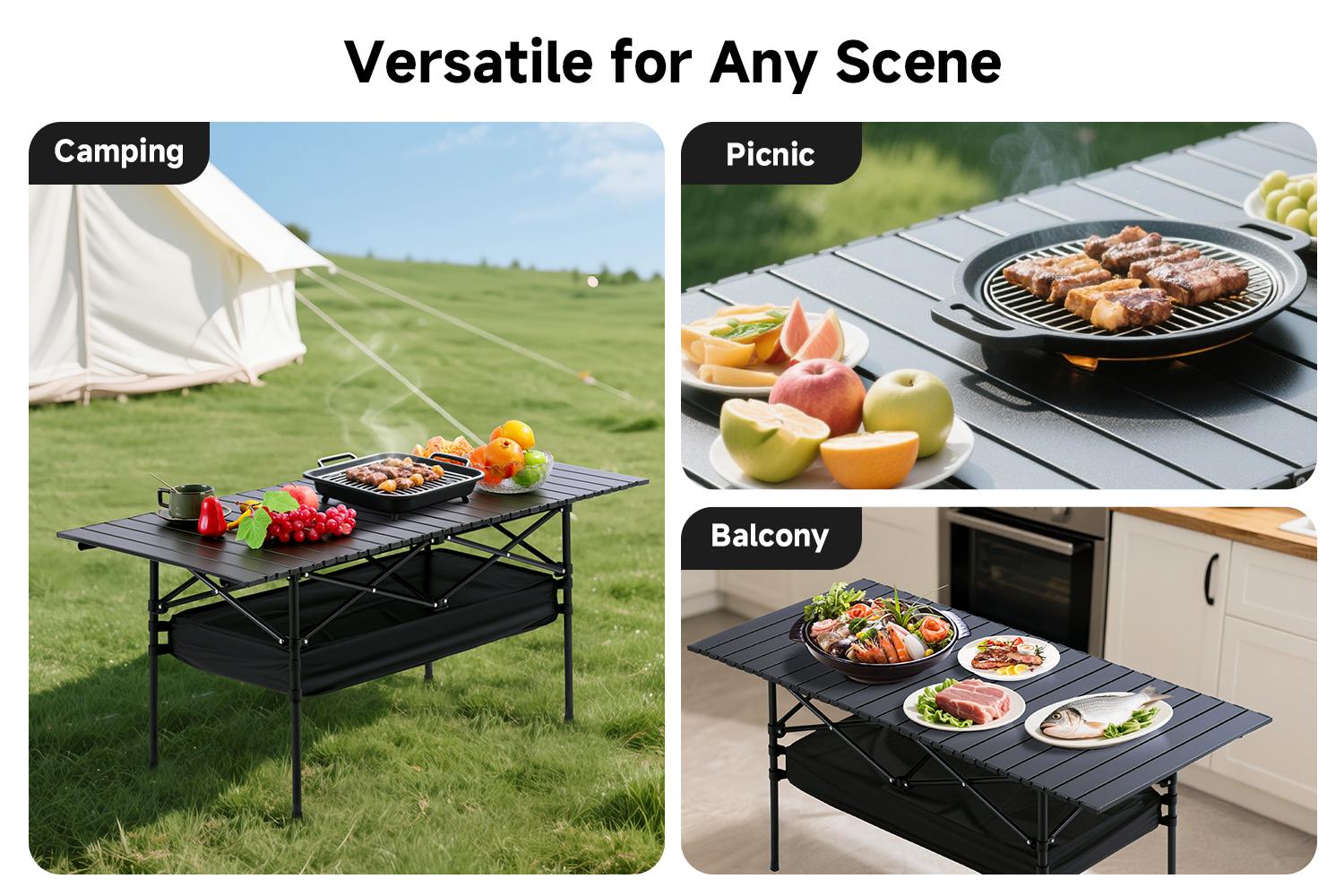 Senmeo Foldable Outdoor Camping Table Height Adjustable, with Mesh Storage Bag And Carrying Bag, Portable Aluminum Rolling Table for Indoor, Outdoor, Camping, Beach, Backyard, Barbecue, Party, Patio, Picnic-Easy to Store