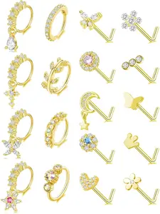 18Pcs Nose Rings Hoops L Shape Nose Studs Screw Bone CZ Butterfly Flower Cross Leaf Star Crown Heart Nose Nostril Piercings Body Piercing Jewelry Set For Women Men Gold Tone 20G Nose Piercings Kit