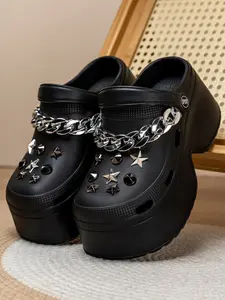 Women's Perforated Shoes with Sequins, Punk Style Thick Sole Hollow Design, Comfortable Garden Shoes for Everyday Wear
